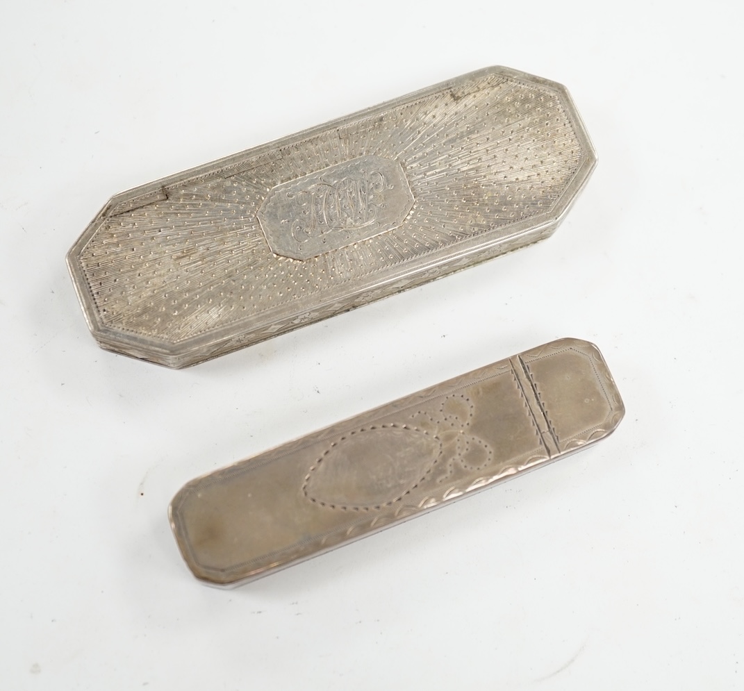 A George III silver toothpick case, Samuel Pemberton, Birmingham, 1785, 73mm and a later octagonal toothpick case, with maker' mark only for Phipps & Robinson, 88mm. Condition - fair